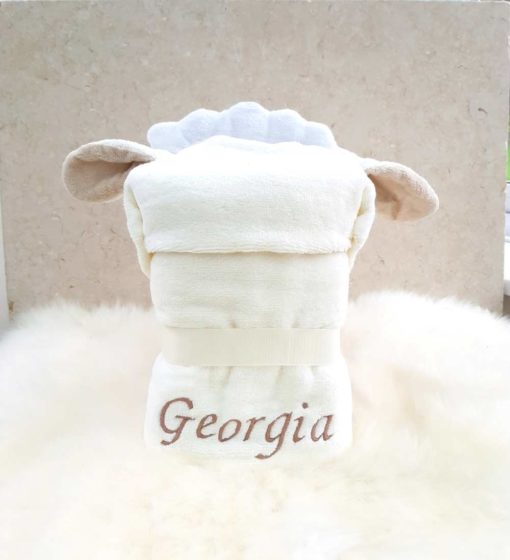 Personalised White Lamb Hooded Baby Towel